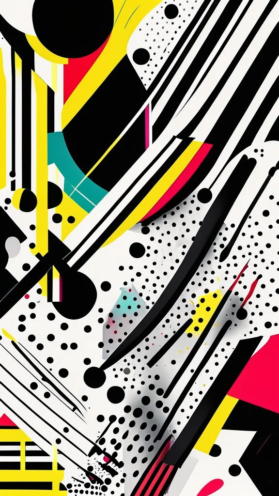 Abstract bold black and white lines and colourful spots