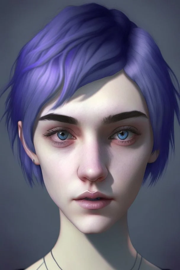 Realistic female teenager with pale skin, big grey eyes, blue and purple short hair, angular facial features, round face, prominent collarbones, black clothing