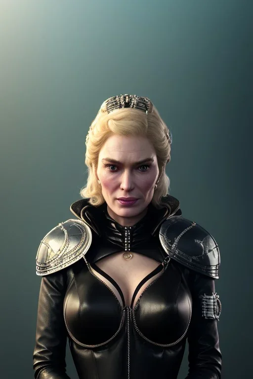 Cersei Lannister as evil mistress in black leather, dominatrix, busty, cleavage, curvy, lena headay, angry, stern look. character design by cory loftis, fenghua zhong, ryohei hase, ismail inceoglu and ruan jia. unreal engine 5, artistic lighting, highly detailed, photorealistic, fantasy