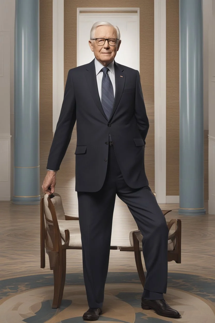 A full body portrait of a president in his 70s. From the future. looks nice and calm