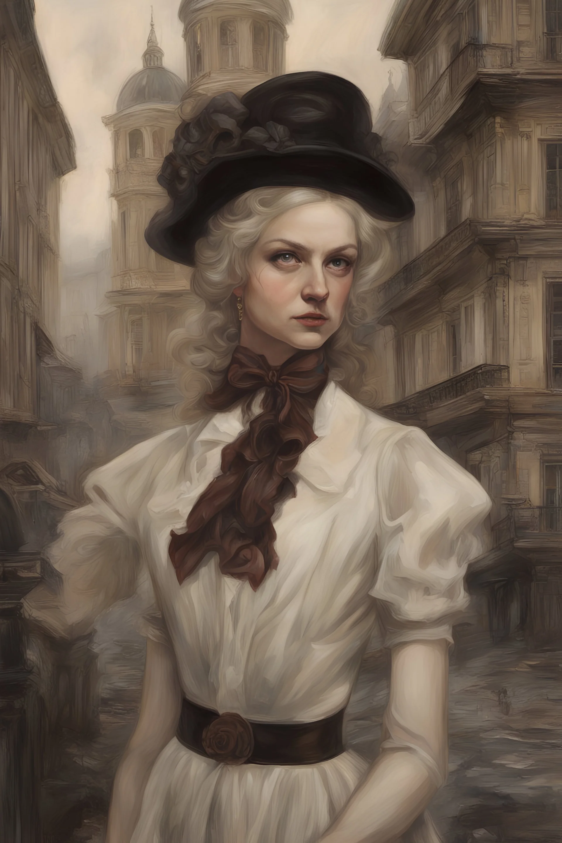 "Sigmund Freud's and Alexandra "Sasha" Aleksejevna Lussin" Spain the 18th century fantasy bombshells oil paiting by artgerm display Tim Burton style in style In Freudian depth psychology, dream, symptom, death anarchists in the background in city
