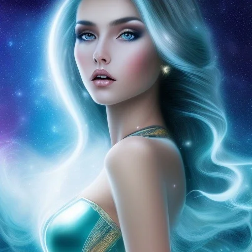 beautiful woman with long hair look the stars and northern aurora blue turquoise lights, blue, pink,