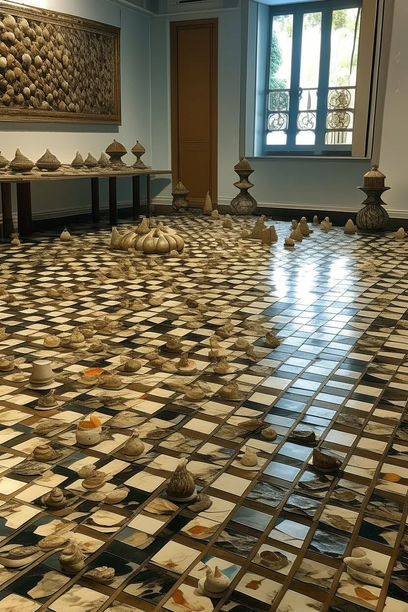 in a room thats just huge sea shells and on the floor in a huge chess board
