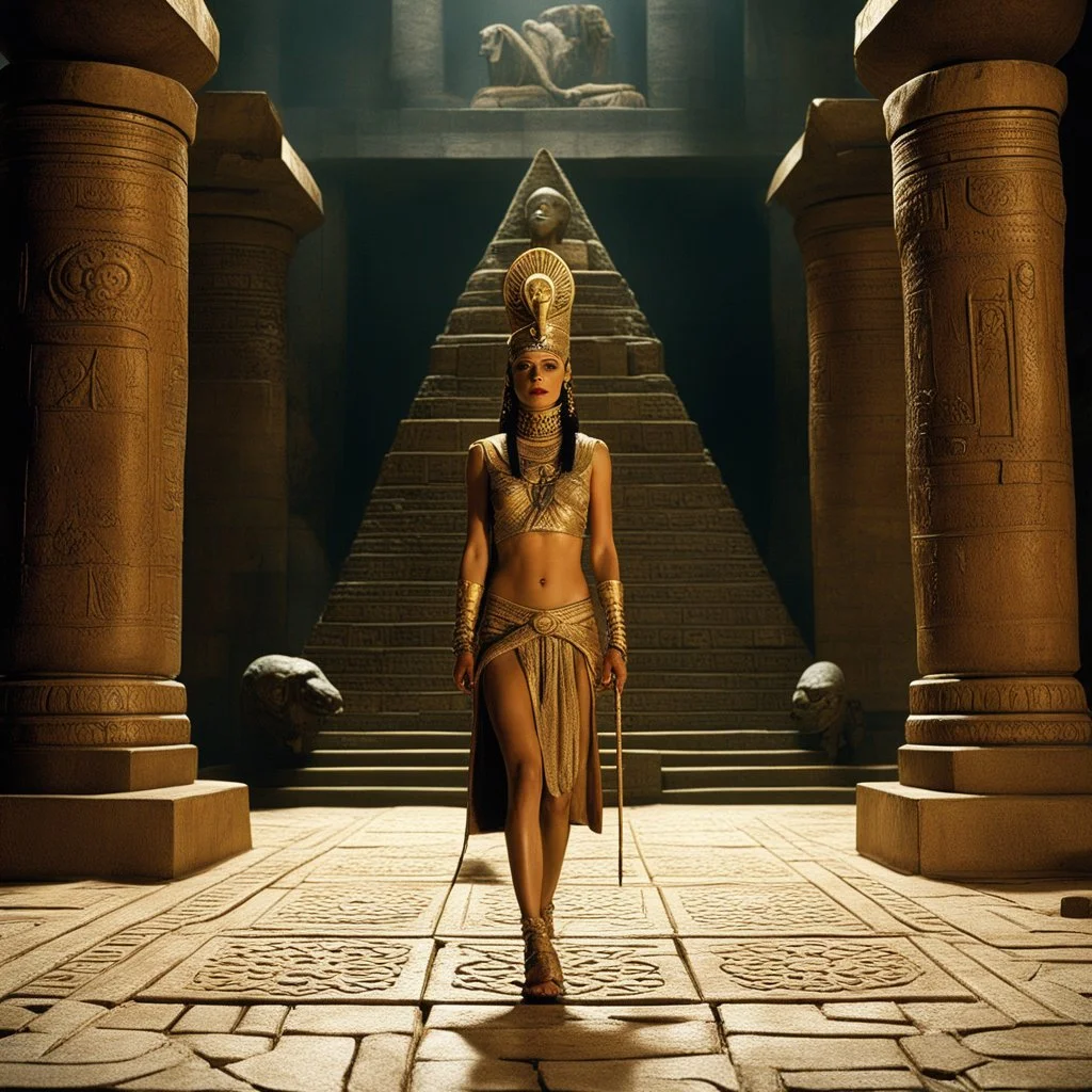 [high res photo 8K by Ray Harryhausen for Pan's Labyrinth (2006)] In the heart of a pyramid, Nefertiti is clad in a revealing bandages, her flesh is warm and radiates magic energy, with her feet on the cold tiles of the temple