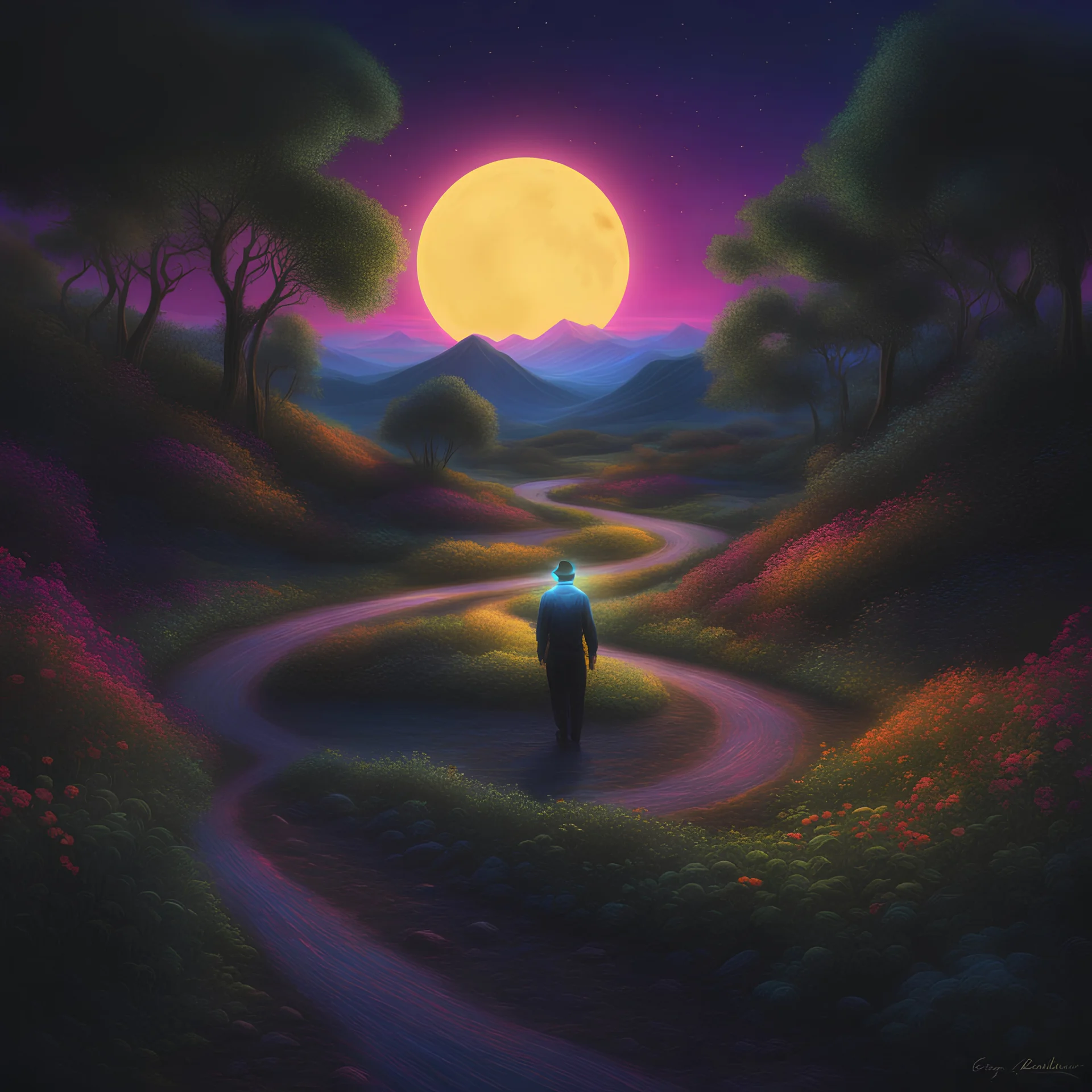 A black lightpainting ofA luminescent Road to the Moon!!!! With a Lonely Man, an intricate folk art Neon glow, UV light. fantasy,colorful8k resolution concept art, Greg Rutkowski,SIXMOREVODKA, pastel color, Nighttime Lighting, digital illustration, 4K, Hyperdetailed, Intricate Details, 3D shading, Art of Illusion