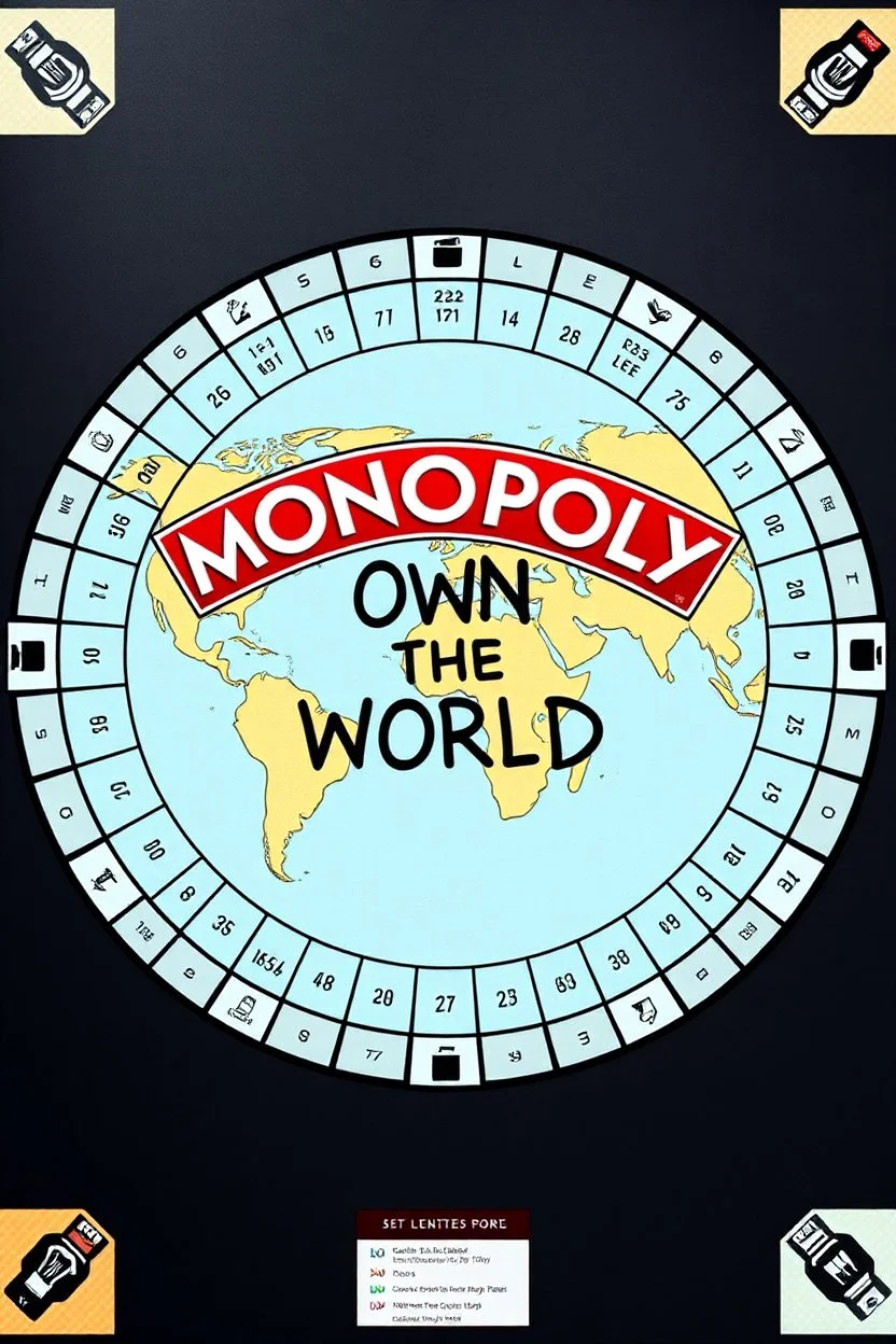 creating a custom Monopoly-style board with: 44 spaces in total, including the 4 corner squares. MAKE THE WRITING IN THE MIDDLE SAY OWN THE WORLD , MAKE THE BORD CIRCULAR WITH A LINEAR 44 SPACES, MAKE IT BLAND INSIDE