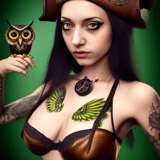 hyper realistic, young cute girl, short black air, green eyes, with owl, tatoo, dressed a steampunk pirate, bra with carved leather, Chezanne ships in background. salvador dalì style. high details, thunderstorm. 4k, unreal engine Upscale PRO hyper realistic, young small cute girl, short black air, green eyes, with owl tatoo, dressed a steampunk pirate, bra with carved leather, Tintoretto ships in background. salvador dalì style. high details, 4k, unreal engine