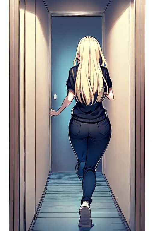 blonde girl runs in a corridor, back view, line arts, manga style