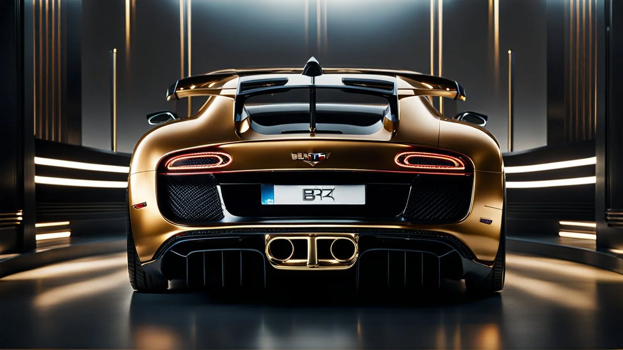 Rear View A stunningly realistic (((bugatti bentley x mansory))), intricate detail and perfection in every surface, glimmering metal and luxurious contours, a (perfect model) for a desktop wallpaper fit for high resolution screens, evoking a sense of futuristic elegance in a (4K cinematic atmosphere).