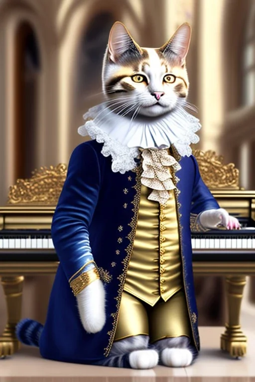 Cat dressed like "Wolfgang Amadeus Mozart", real paws, playing piano, street, Vienna, sunny day, model style, hyper realistic, extremely accurate, delicate, extremely detailed, Graphic novel style, wide-angle, open aperture, superfine pencil