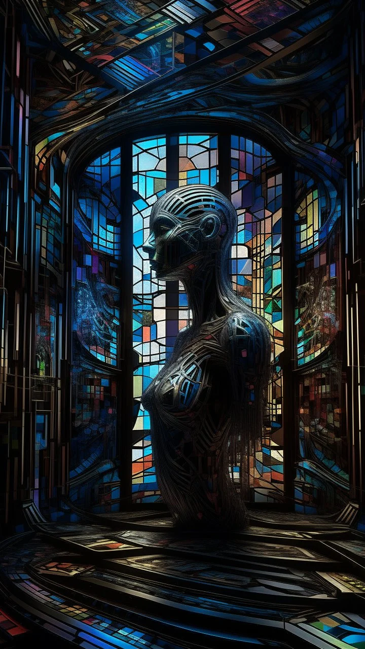 An ultra-maximalist 8K digital surrealism epic depicting window light in dark colossal suspended within an infinite labyrinth of parallel stained-glass mirrors, hollow mirrored collages, and inverted glass mosaics, each surface fractured by recursive Fibonacci geometry and glitching reflections that refract into endless dimensions. The figure’s visage—half porcelain, half cybernetic—is carved from kaleidoscopic crystal Doodle surrealism void trippy collage hybrid recusive render 3d