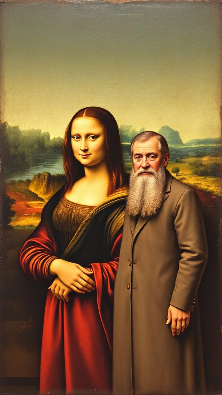Mona Lisa and Vincent van Leonardo da Vinci standing side by side in a painting
