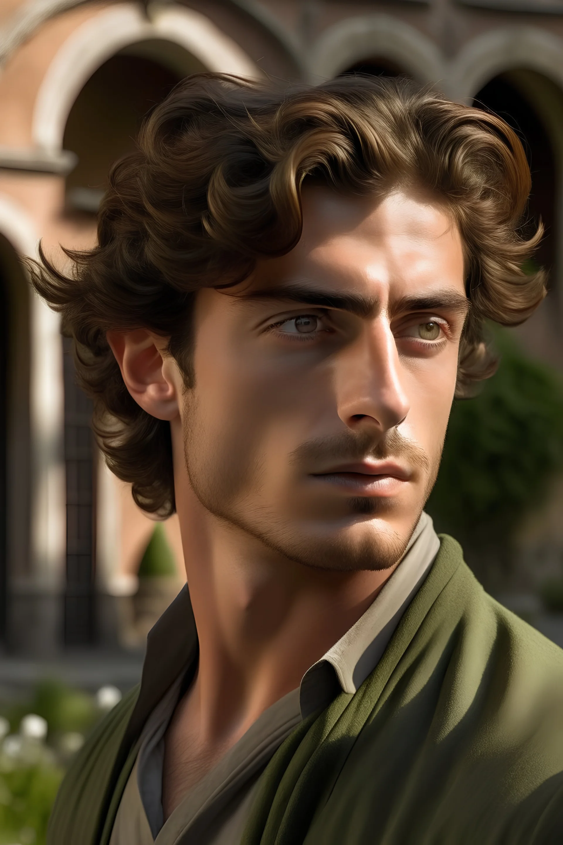 “Captured against the backdrop of an ancient Italian villa, a young Italian man exudes timeless charisma in this striking, hyper-realistic portrait. His espresso-colored eyes gaze confidently into the lens, framed by a cascade of rich, dark curls that seem to dance in the Tuscan breeze. The play of sunlight highlights the olive undertones of his skin, enhancing the sculpted angles of his jawline and the subtle, proud tilt of his chin. Dressed in a tailored suit that mirrors the elegance of the a