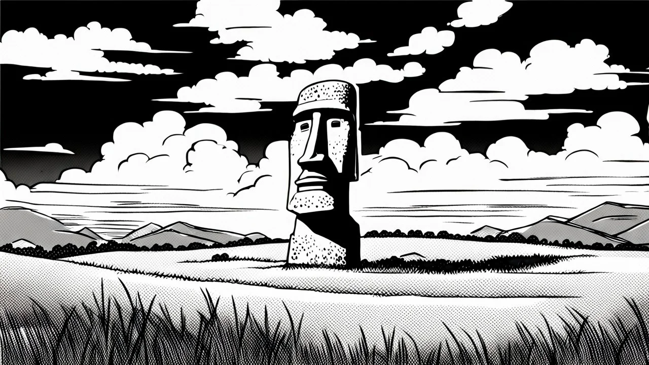 moai, manga, monochrome, black background, sketch, simple, maximum quality, broken hinge, barely functioning, centered on frame, far view, in the middle of a grassy hill, white sky with cumulonimbus