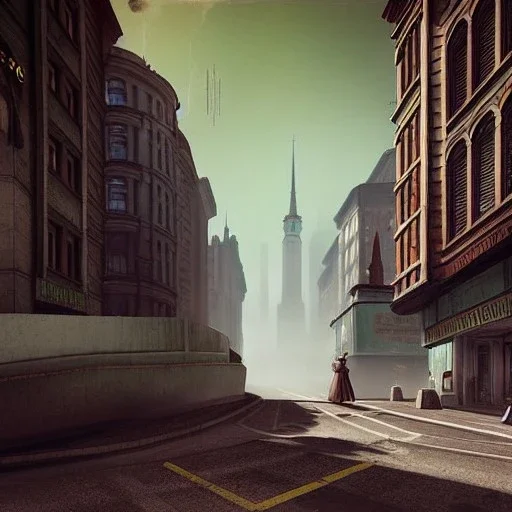 Retrofuturistic,European Neogothic imperial city, uphill Road,detailed facades, 1900s photograph, 8K resolution, #film, diffuse light,German noir,matte painting,chaos city,traffic,BioShock