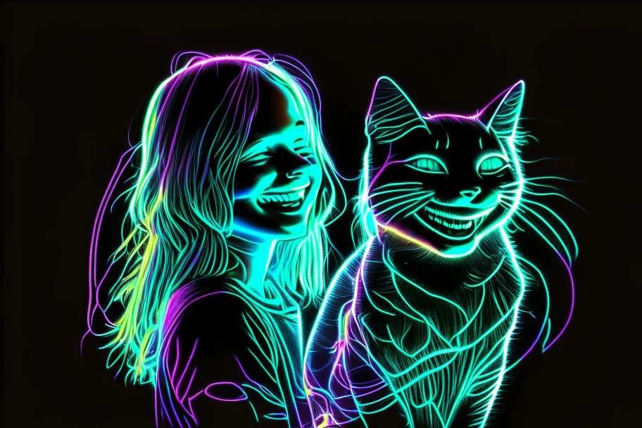 black background, outlines of a holographic happy girl with a cat drawn from thin neon-coloured glowing lines