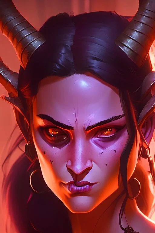 actress megan fox, purple skin, devil horns, pretty soft female face