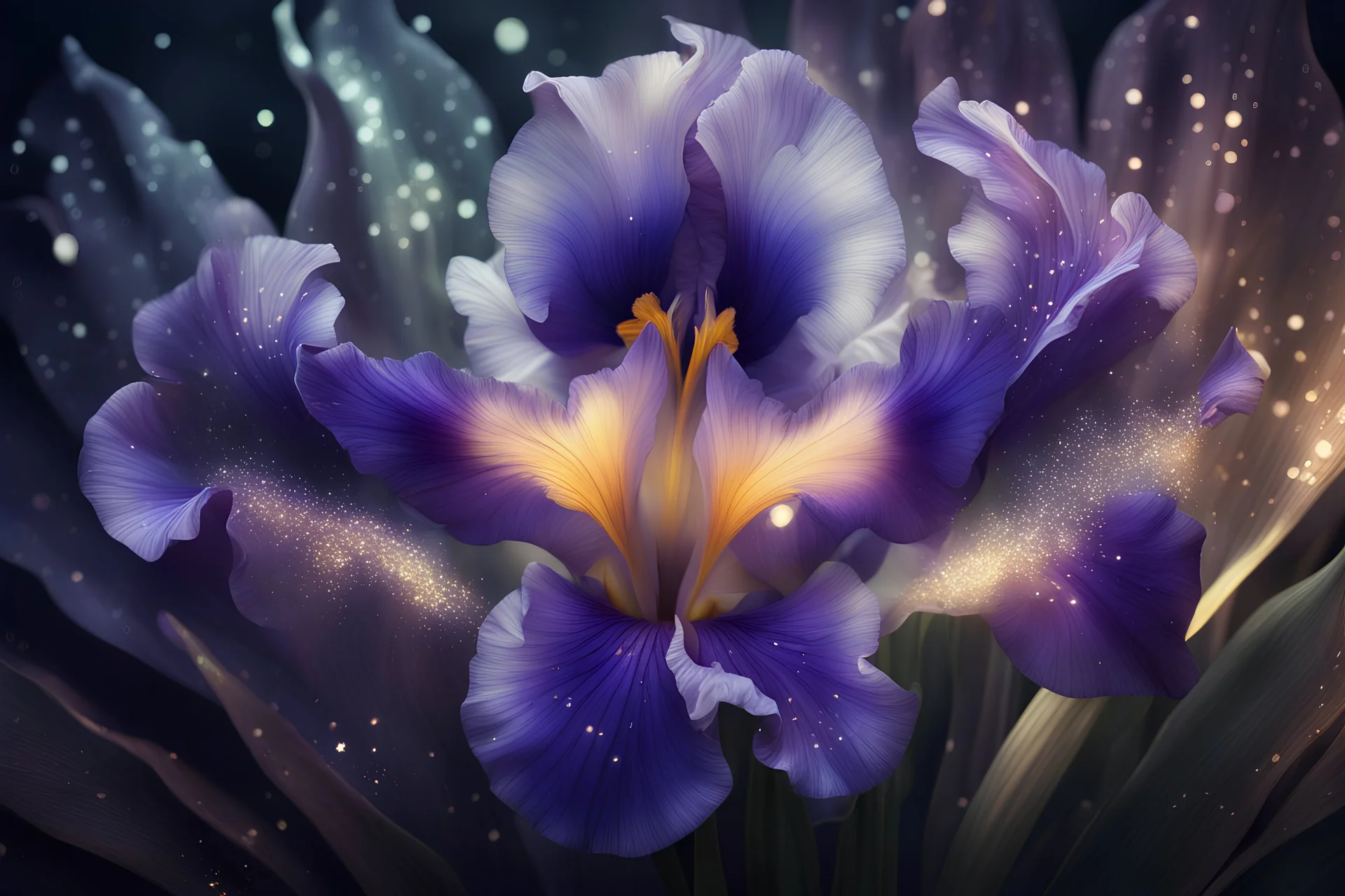 epic close up of a Iris flower with innumerable petals, front illumination only, forest background, magic wake, fantasy illustration, sparks, glitter, grainy, noise, fractal crack effect, cinematic, deep depth of field, 3D, 16k resolution photorealistic, a masterpiece, breathtaking intricate details, reflective catchlights, high quality, abstract vector fractal, wave function, Zentangle, 3d shading