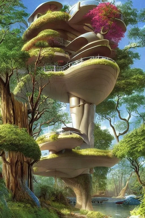 A surreal futuristic stylish modern flat, on Epic tree, treehouse, art by Roger Dean and Lee Madgwick , photorealistic, high level of details