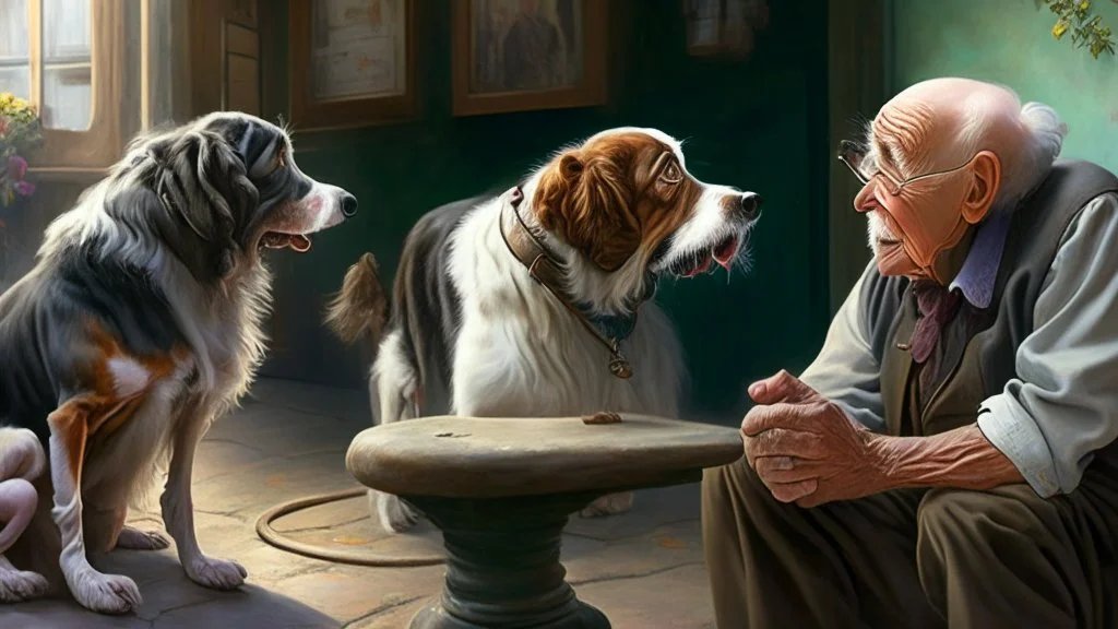 A hyper-realistic oil painting of a whimsical scene where a dog is engaged in deep conversation with an elderly man