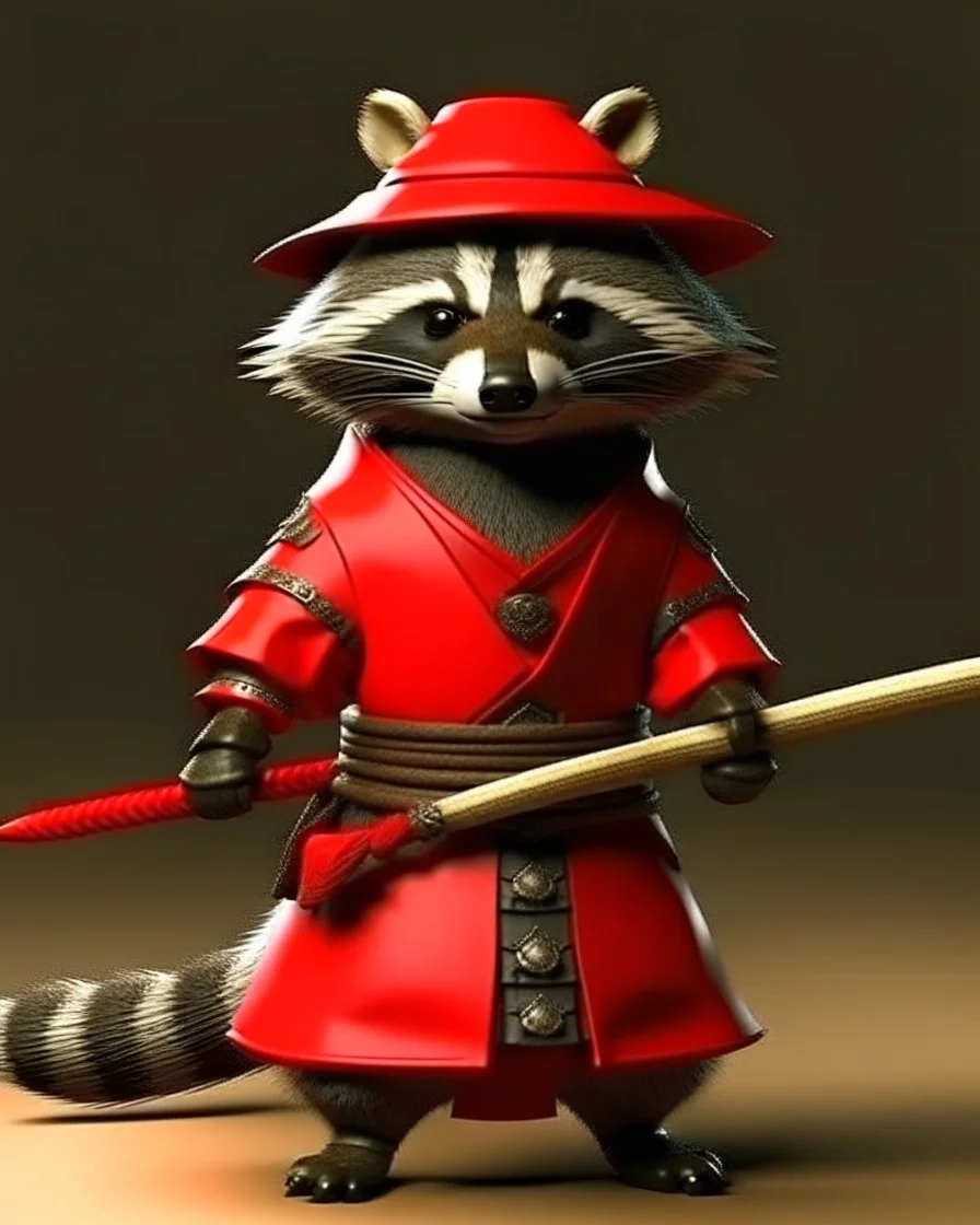 raccoon as a samurai, realistic, 2 katanas, in China, red straw Hat