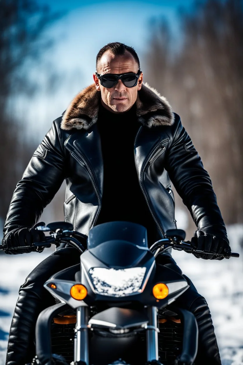 Handsome and muscular 40 year old Biker wearing a winter leather jacket and dark sunglasses riding a snowmobile