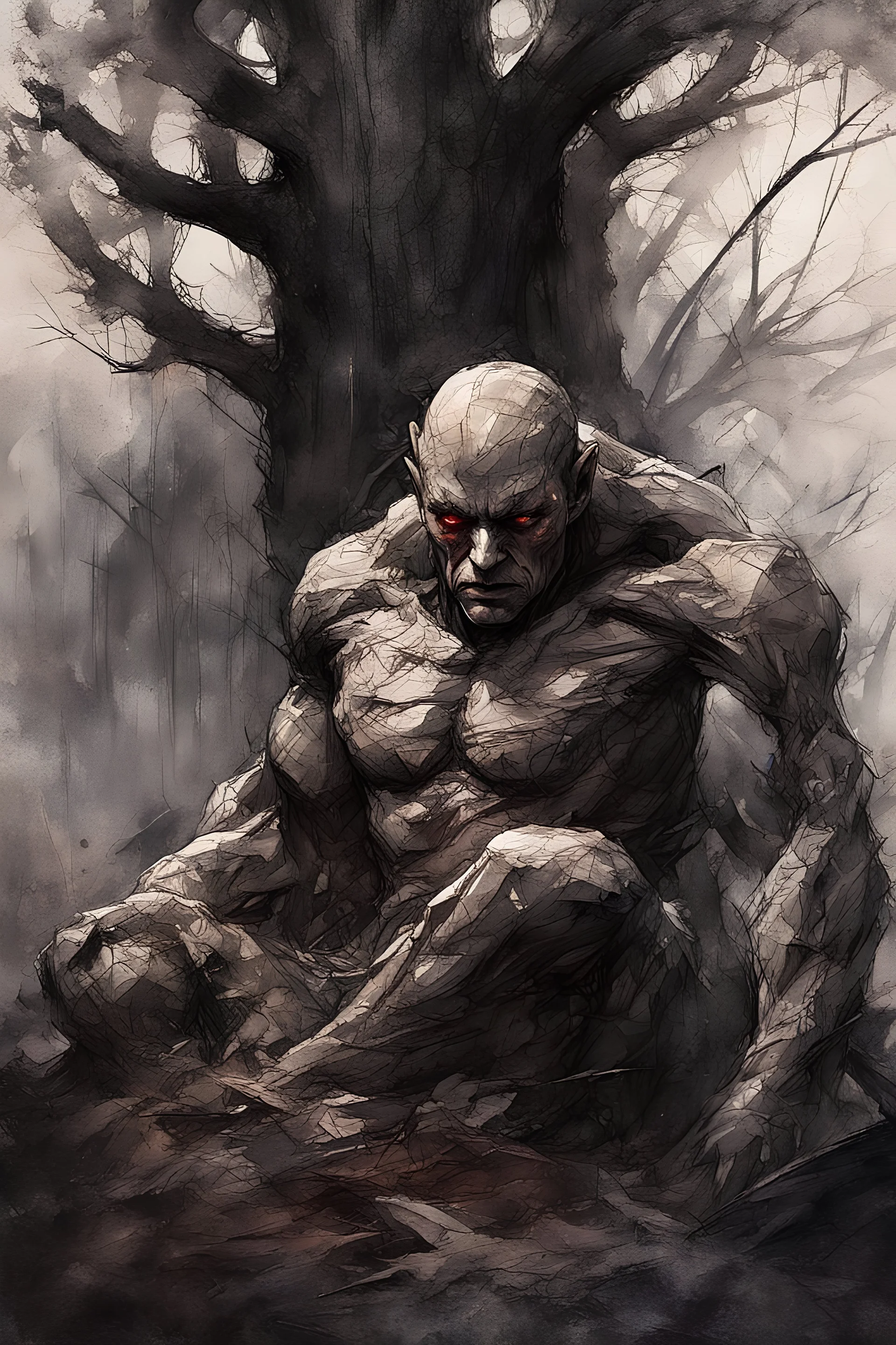 Evil stone golem taller than trees, vivid emotions, watercolor, photorealism, dark fantasy, bad weather, gloomy day, dark world, sketch art, fine lines, grunge, sensual, darkness, by Raymond Swanland & Alyssa Monks & Anna Razumovskaya