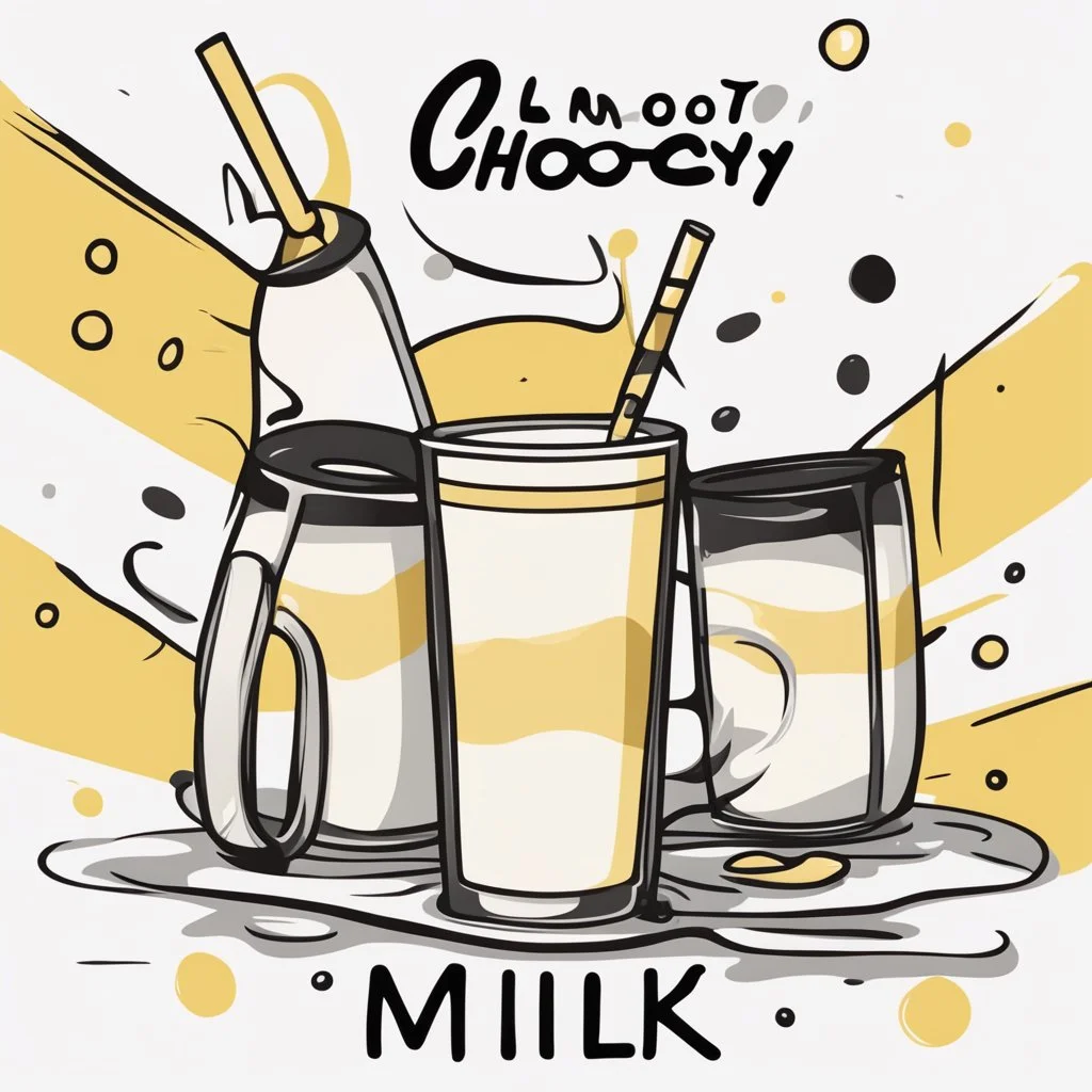 Illustration of Choccy Milk, white background, main colors are black and yellow, single developer, cartoon, minimalistic