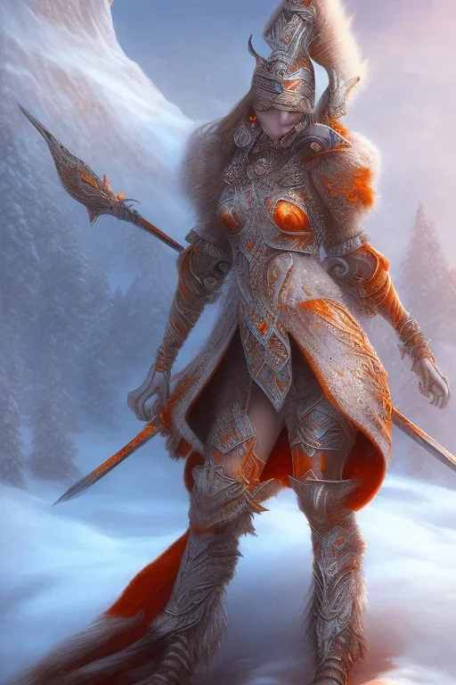 Beautiful warrior girl, wearing fantasy stone armor, glowing orange armor, snow mountain background, snow, fur cloak