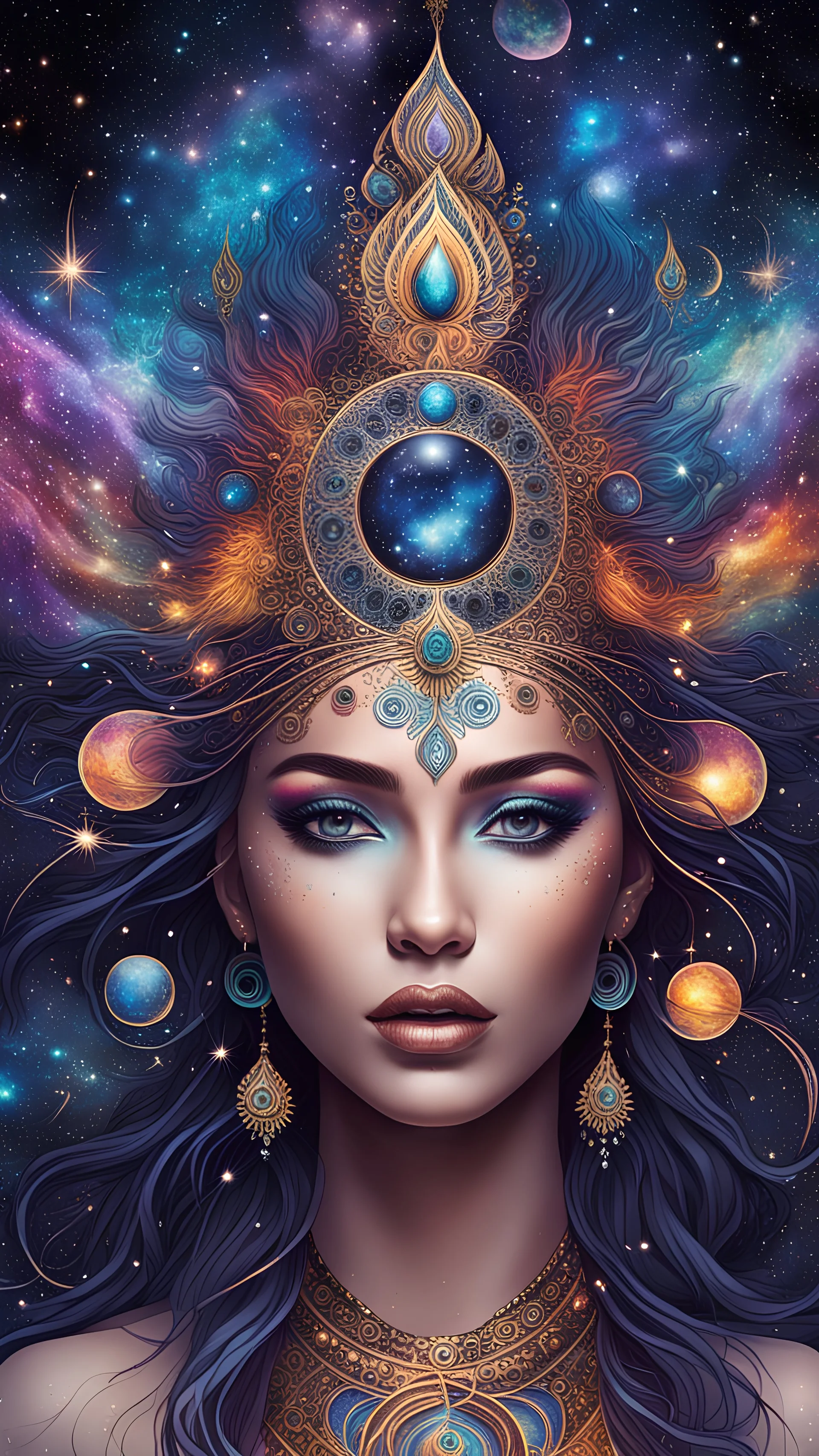 an image of a celestial goddess with galaxies swirling in her eyes and cosmic energy emanating from her fingertips. Use intricate details to create a cosmic headdress and incorporate vivid colors to represent the vastness of the universe