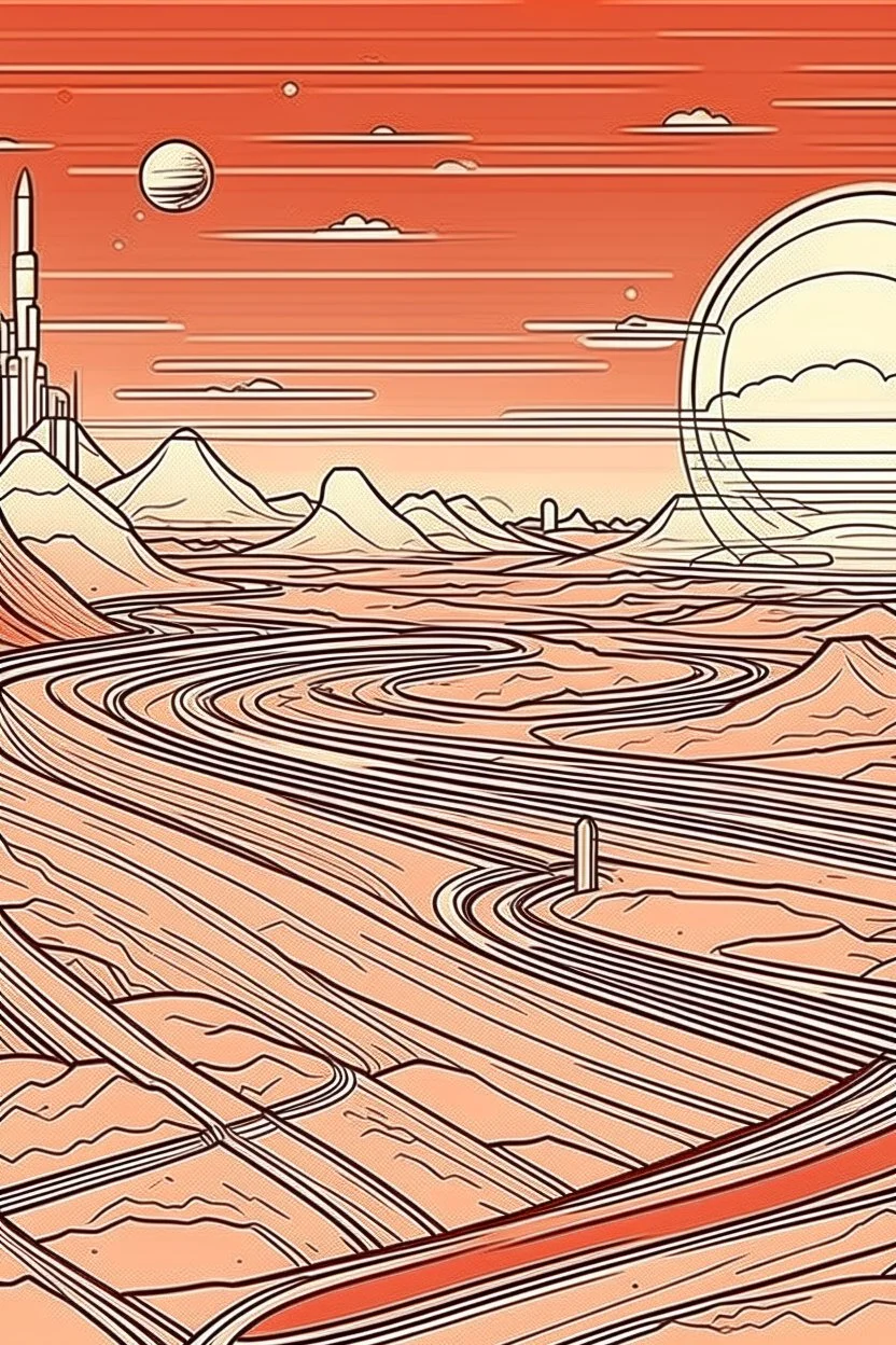 thine line draw style, show a shot of a view of Mars surface with future high rise structures buildings