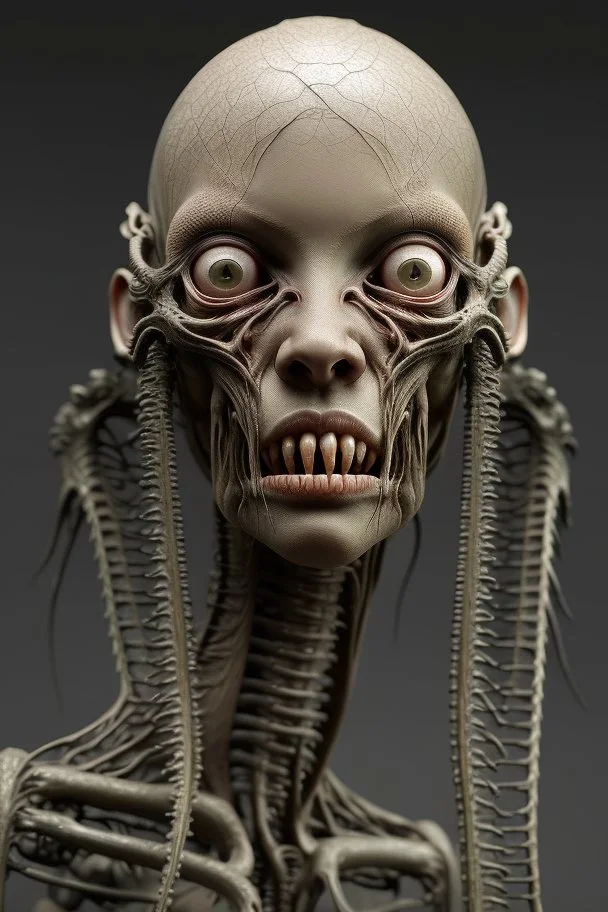 sculpture of beautiful girl with long curly hair , half the body , front view . decayed and rotting with grotesque proportions and imagery. grotesqueries, detailed texture, surreal horror, biomechanical design, by hr giger and beksinski