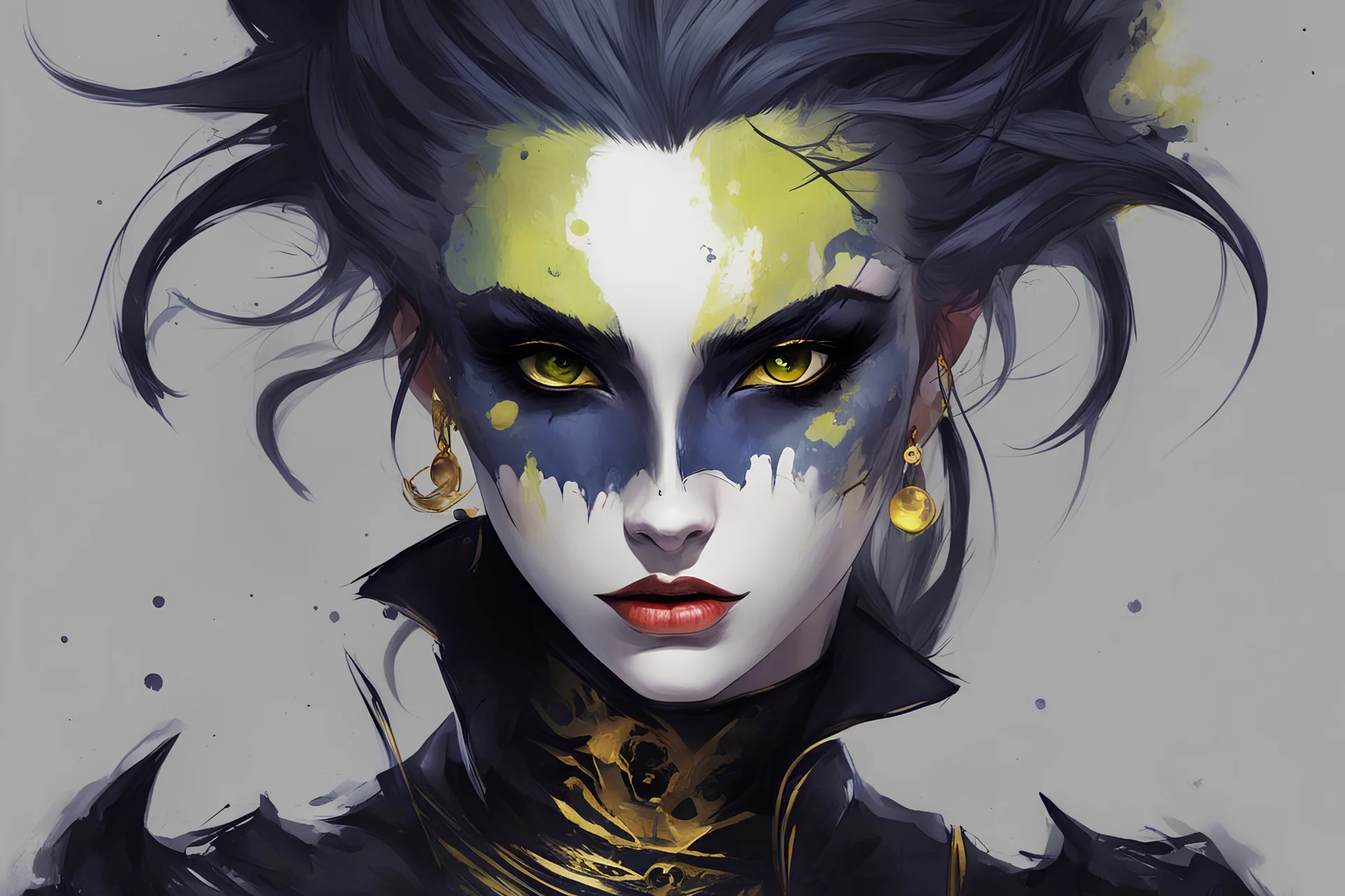 Savage VampireGirl in the style of dark gothpunk , comic book, indigo, light gray and golden lime, otherworldly paintings, i can't believe how beautiful this is, distinctive noses, colorful animations