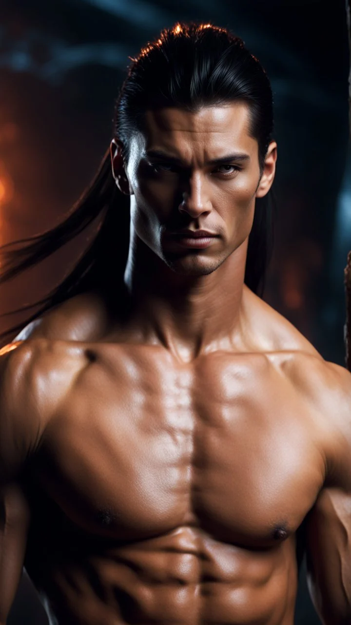 Shirtless Handsome alpha warrior with long dark hair pulled back in a pony tail. headshot. photorealistic. 4k. Dark Fantasy