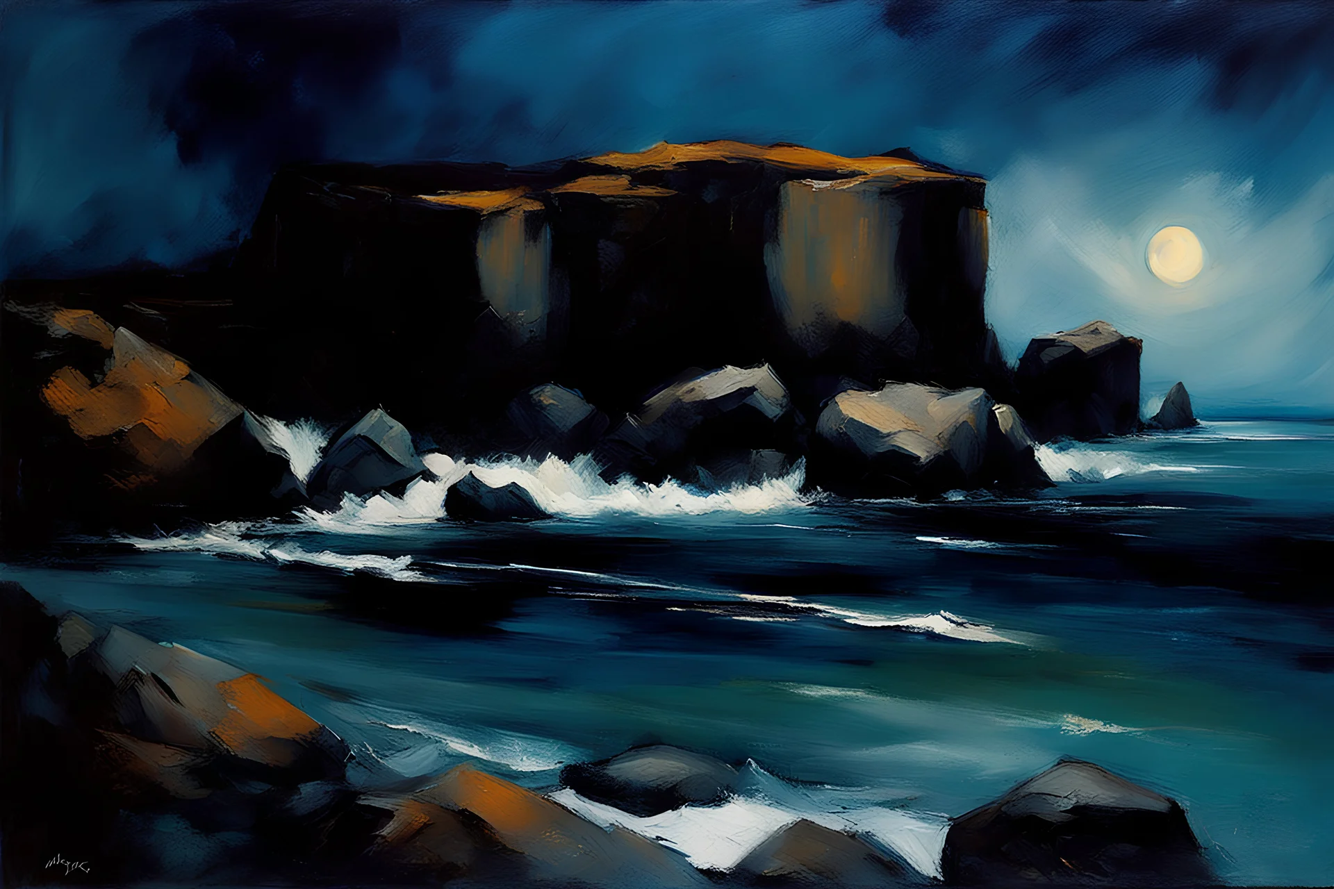 Dark blue sky, rocks, cliffs, 90's sci-fi movies influence, fantasy, mountains, lesser ury and ludwig dettman impressionism paintings