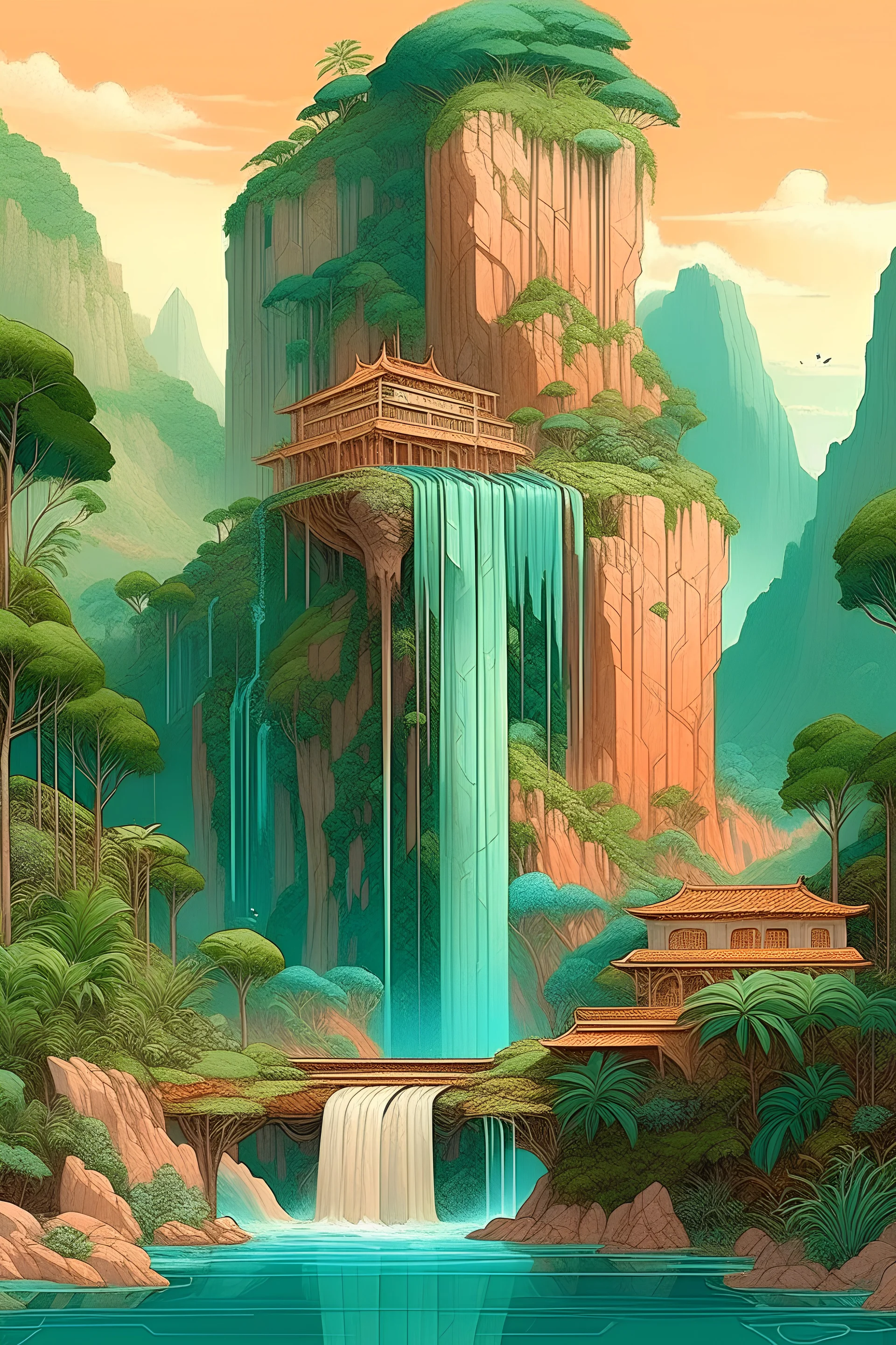 Beautiful waterfalls in multileveled tropical island, by Tjalf Sparnaay, by Johan Grenier, by Victo Ngai, by Android Jones, Cinematic fantasy landscape meticulously hyperdetailed photorealistic digital mixed media photoillustration, Muted Triadic pastel hues.