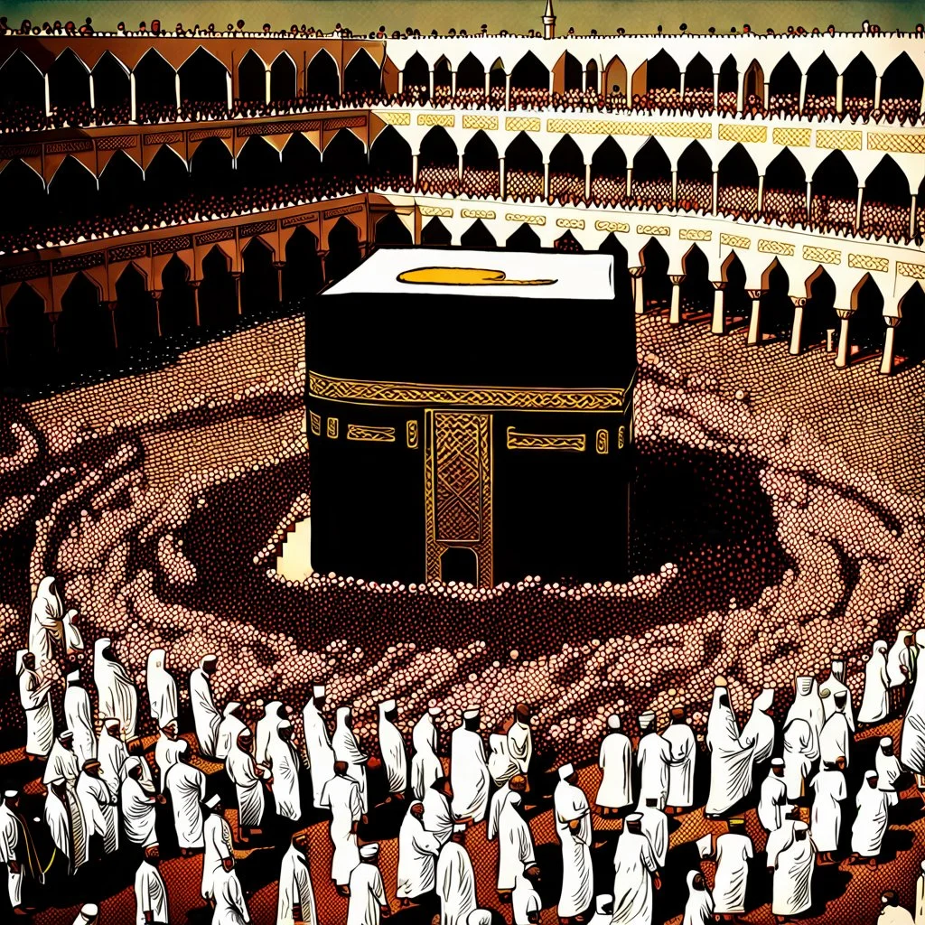 The scene in Mecca: People wearing white Ihram clothes, men without head coverings, women with veils, circumambulating around the Kaaba, and above them are transparent white spirits of children, men, and women with wings revolving around the Kaaba.