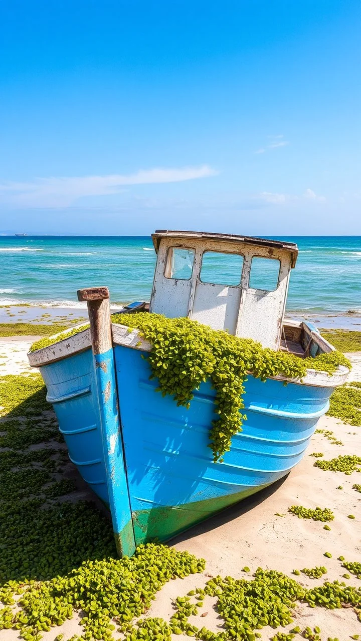 An abandoned boat covered with see weeds on the beach