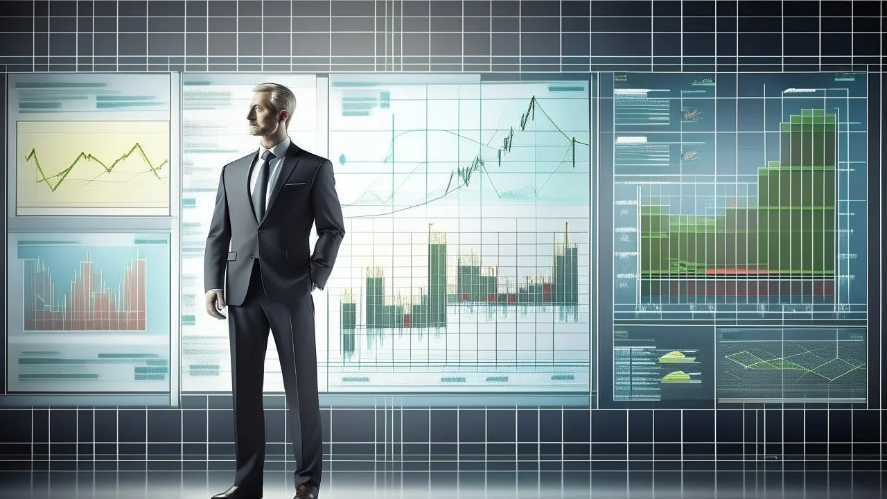 The image represents the success and prosperity of businesses and investments in 2024. It features a confident businessman standing with paper charts and a large screen displaying financial data and profitable projects. The image reflects a promising future vision for business and investment in the coming year, where successful projects can achieve significant financial success.