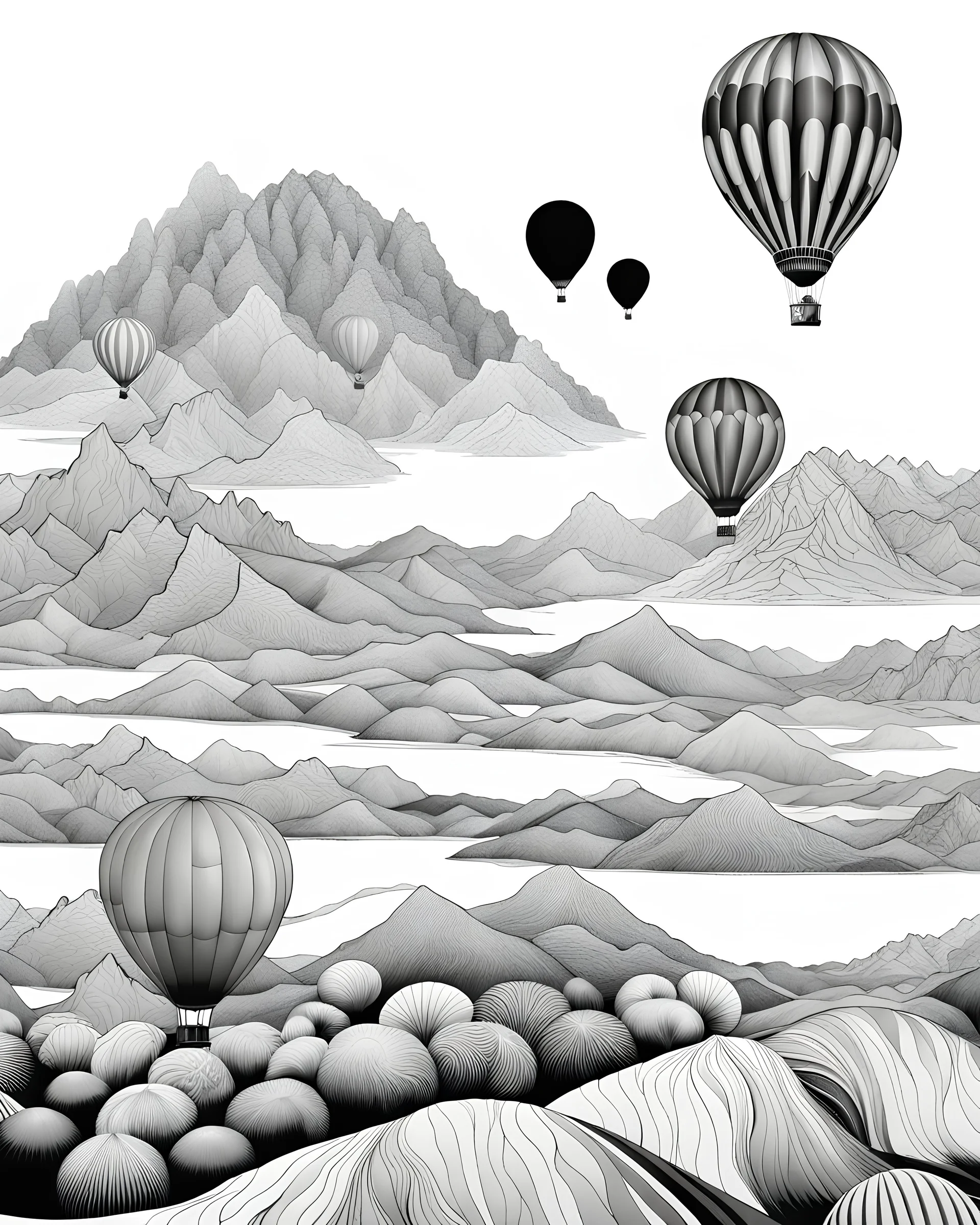 Black and white Coloring picture many ballon-hair flying in the sky on a desert and montains, highly detailed, intricate.