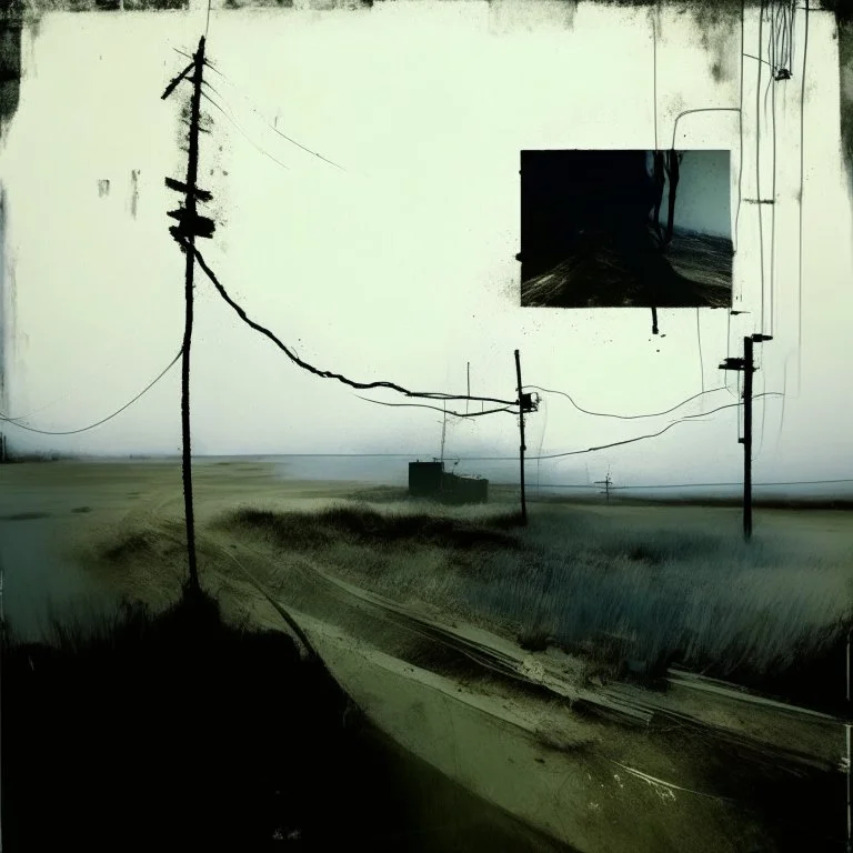 Dystopian future women twisted body with retro monitor head and handing wires. In desolate landscape. With a concrete decaying block. Abstract oil painting in style of Justin Mortimer and Phil Hale.