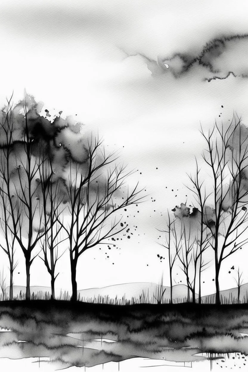 Watercolor black and white far away trees