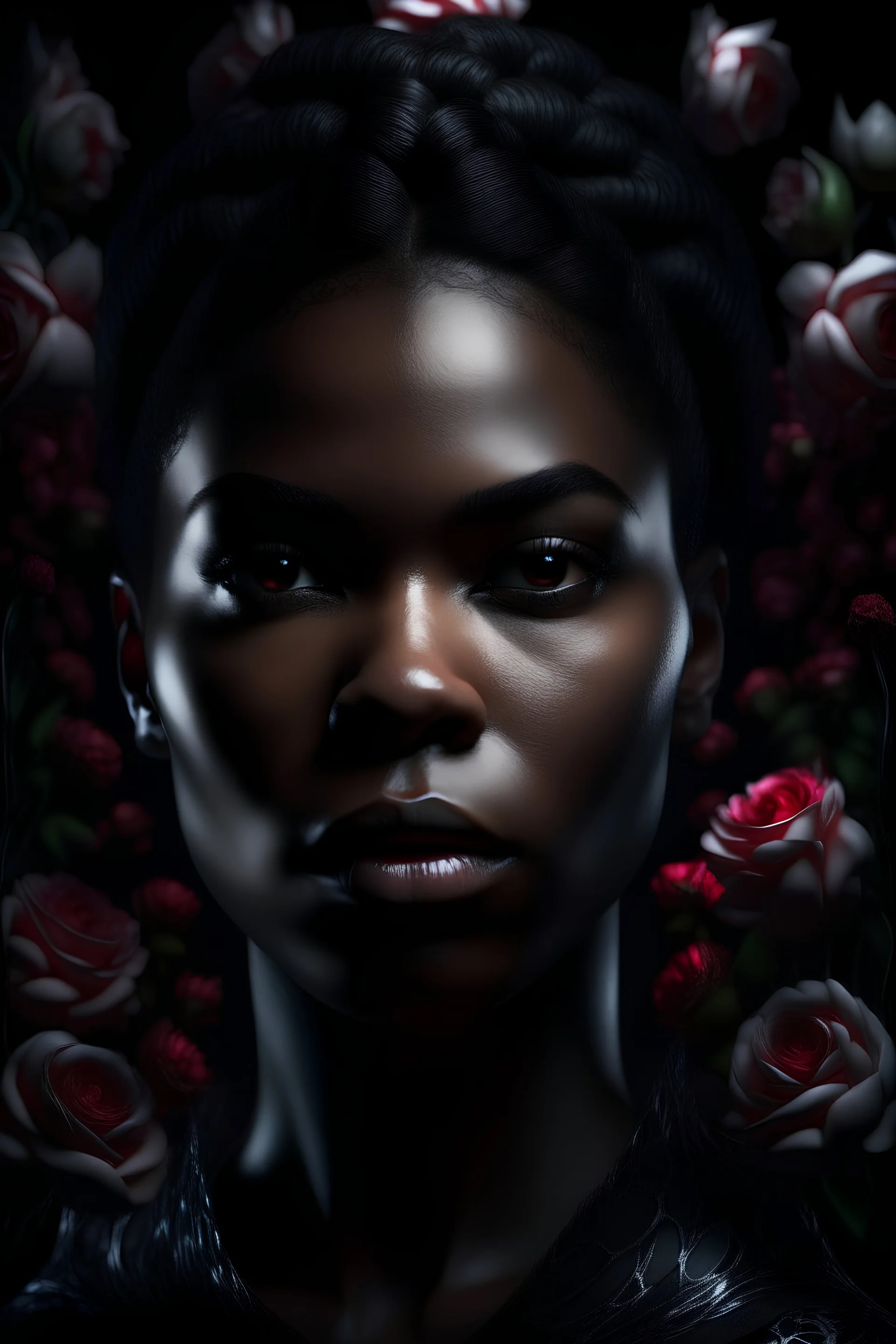 front facing portrait, 1 ebony female surrounded by rose flowers, sharp focus, bright lighting, hyper realism, octane render, 8k, hyper detailed, photorealistic, ultra realistic, volumetric lighting, black background