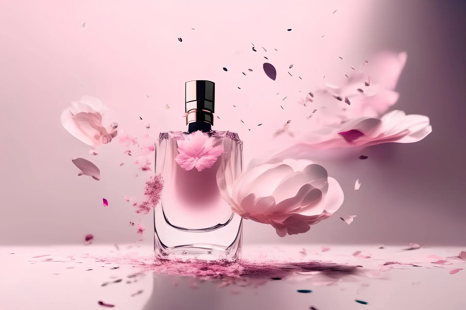 generate me an aesthetic photo of perfume for Perfume Bottles with Falling Petals