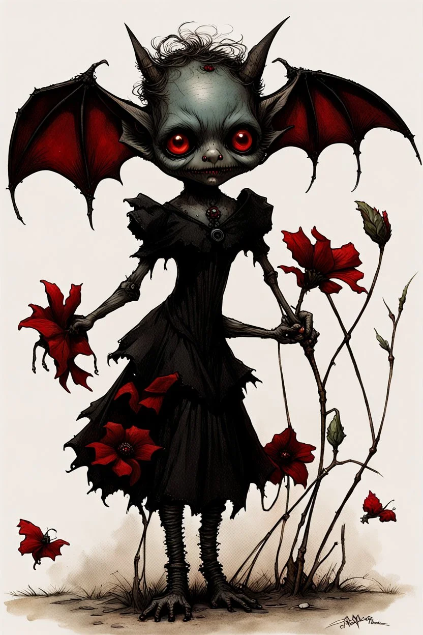 Artist Jean-Baptiste Monge style. A humanoid biomechanical Black bat-flower headed Baby with red eyes and a black and red dress. Modifiers: award winning crisp quality very cute