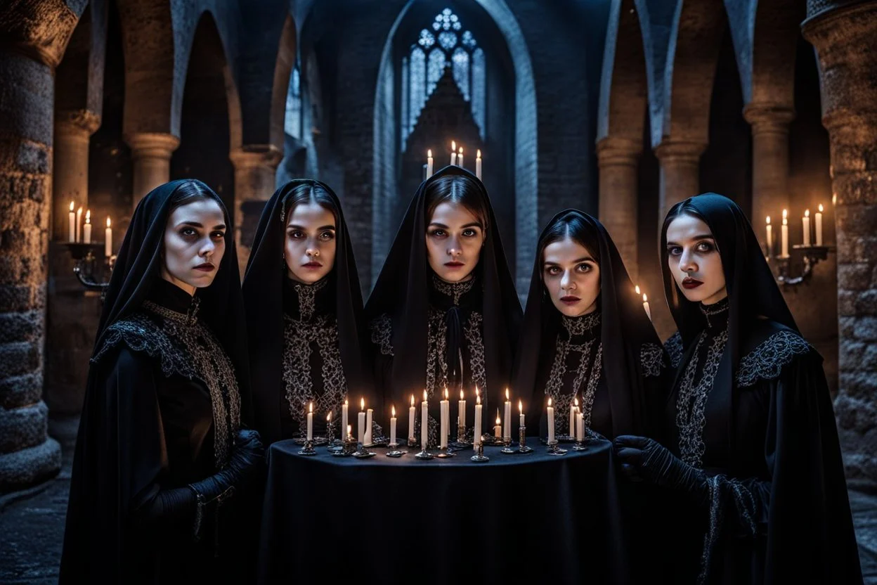 young gothic people with big dark shiny eyes, tiny nose, tiny mouth black nice cloth make a gothic party on big balkone in the castle, nightly mood,pale lights, candles, high detailed, weird, surreal mood, cinematic