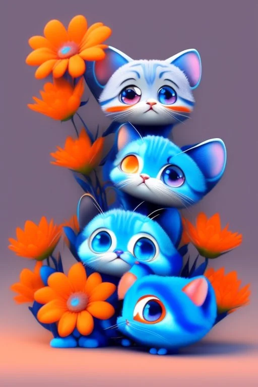 Blue and orange chibi pixar cats with big lifelike eyes and flowers