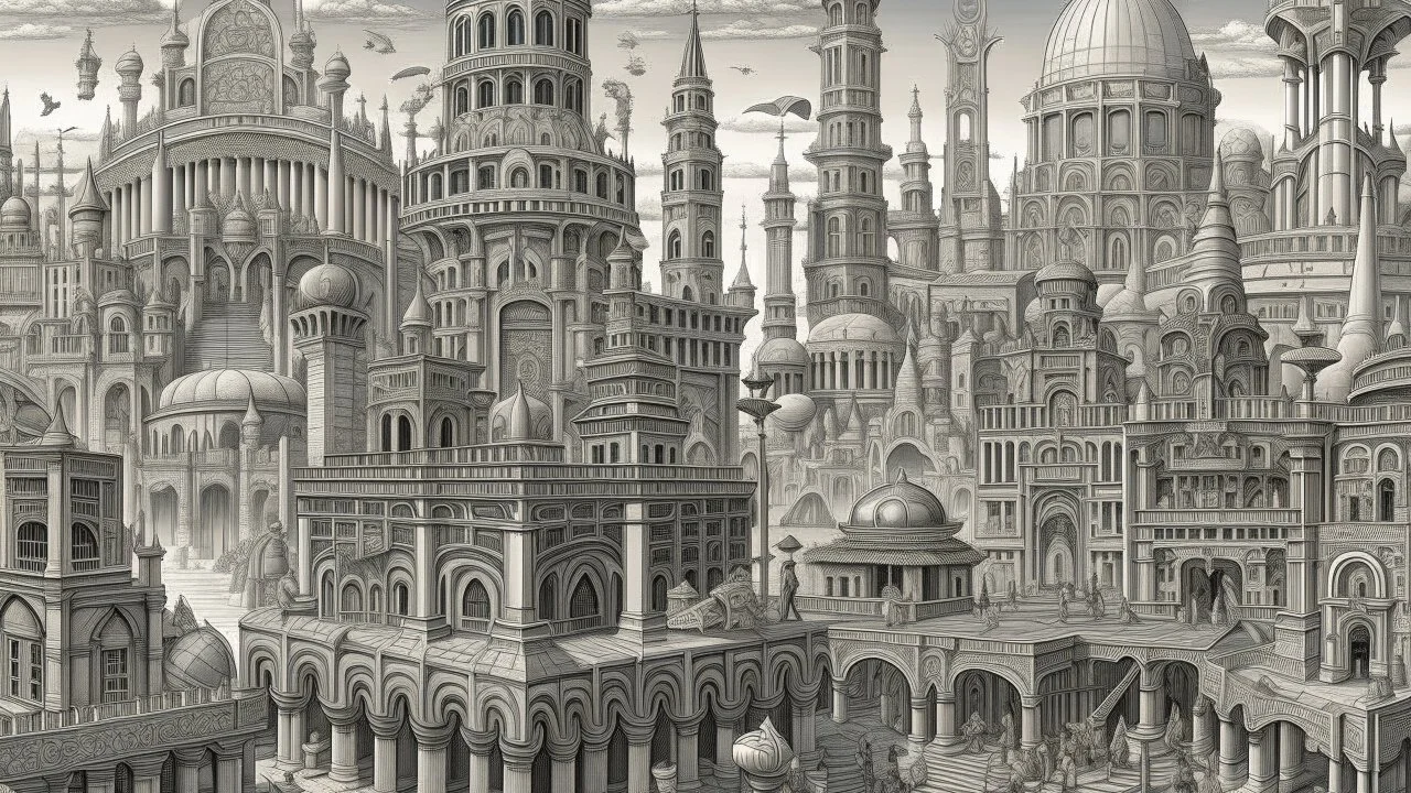 Depiction of an elaborate fantasy cityscape with various architectural styles, including classical and gothic elements, with statues of humans, animals, birds, and mythical figures with multiple levels of buildings.