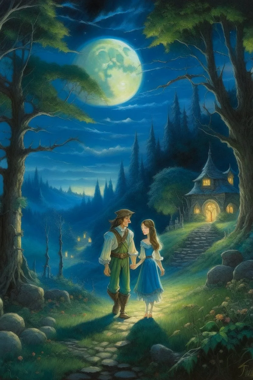 A prince and a village girl secretly meet by the moonlight in an oil painting forest