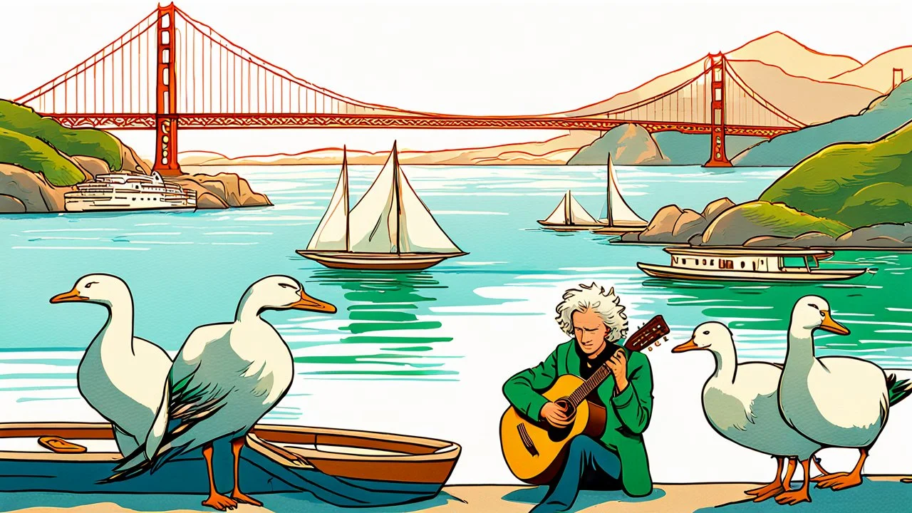 A man with curly white hair plays a guitar sitting in San Francisco on the water Washes the eyes with blue and green Opposite the geese, sail between the boats And the Golden Bridge is as beautiful as in the movie